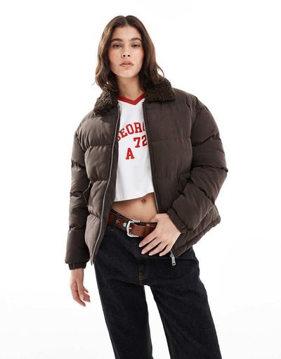 Brave Soul Brave Soul short puffer jacket with faux shearling collar in brown