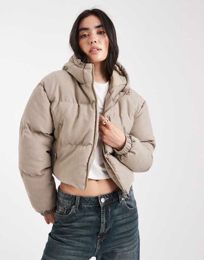 Brave Soul Brave Soul short puffer jacket with hood in taupe-Neutral