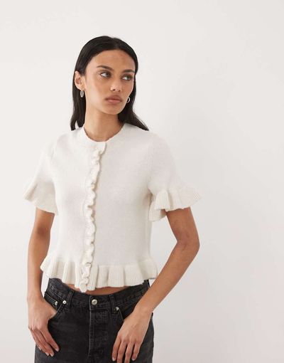 Brave Soul Brave Soul short sleeve cardigan wiith frill hem in oat-Neutral