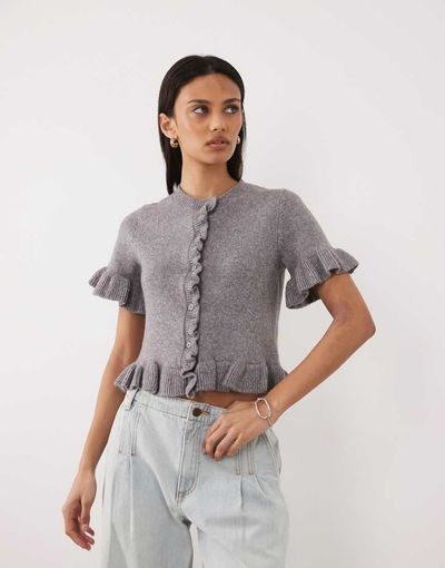 Brave Soul Brave Soul short sleeve cardigan with frill hem in gray