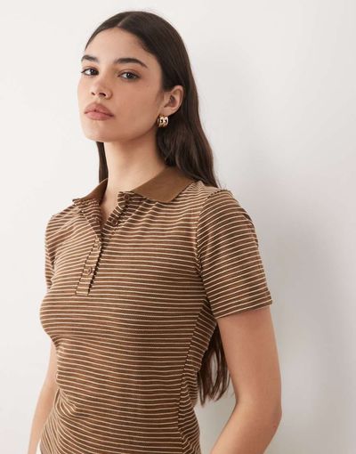 Brave Soul Brave Soul short sleeve jersey polo top in brown and cream stripes