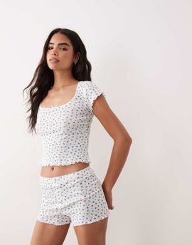 Brave Soul Brave Soul short sleeve pointelle shorts pajama set in ivory and blue floral print-White