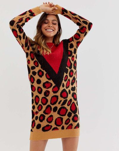 Brave Soul Brave Soul simba chevron animal print jumper dress-Brown