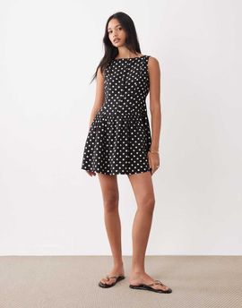 Brave Soul Brave Soul slash neck button down dropped waist mini dress in mono polka dot-Black