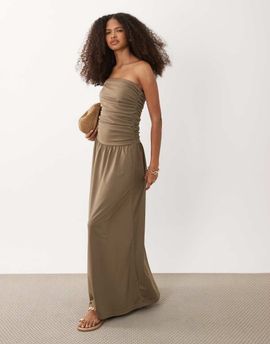 Brave Soul Brave Soul strapless maxi drop waist jersey dress in brown