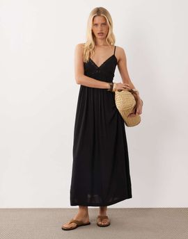 Brave Soul Brave Soul strappy black midaxi dress with lace trim in black