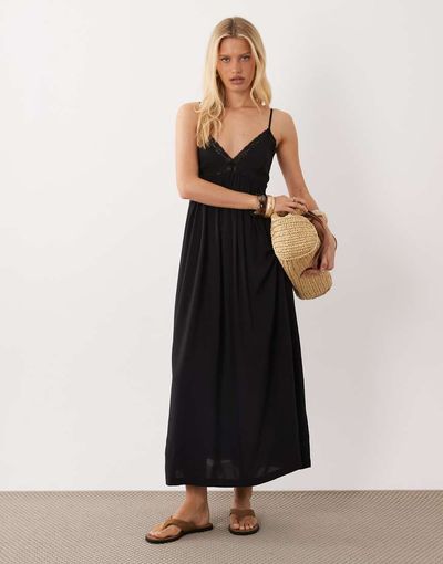 Brave Soul Brave Soul strappy black midaxi dress with lace trim in black