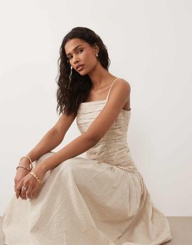 Brave Soul Brave Soul strappy midi dress with ruched bodice in brown gingham plaid