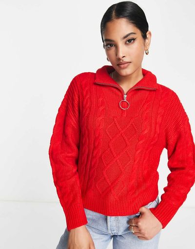 Brave Soul Brave Soul tanya half zip cable knit sweater in red