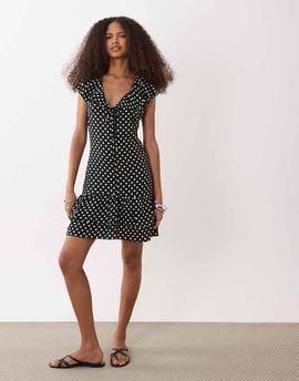 Brave Soul Brave Soul tea dress in black & white polka dot print with ruffle detail