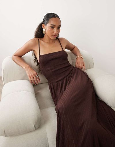 Brave Soul Brave Soul textured jersey dress with shirred bodice in chocolate brown