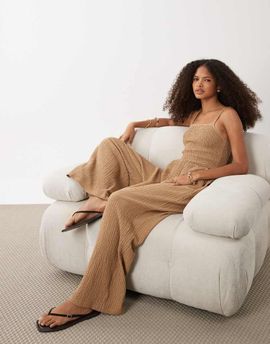 Brave Soul Brave Soul textured jersey jumpsuit with shirred bodice in taupe-Neutral