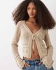 Brave Soul Brave Soul tie front crochet knit cardigan with flared sleeves in stone-Neutral - 1