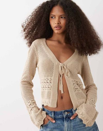 Brave Soul Brave Soul tie front crochet knit cardigan with flared sleeves in stone-Neutral