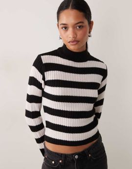 Brave Soul Brave Soul turtle neck ribbed sweater in white and black stripes-Multi