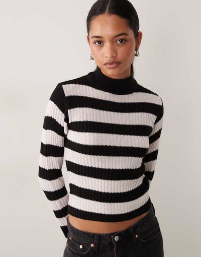 Brave Soul Brave Soul turtle neck ribbed sweater in white and black stripes-Multi