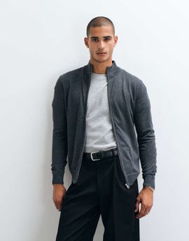 Brave Soul Brave Soul zip through funnel neck knitted sweater in charcoal twist-Gray