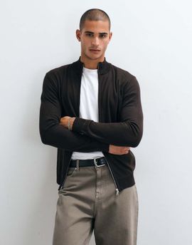 Brave Soul Brave Soul zip through funnel neck knitted sweater in chocolate brown