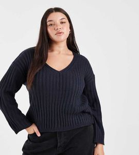Brave Soul Brown Soul Plus deep v-neck ribbed sweater in navy