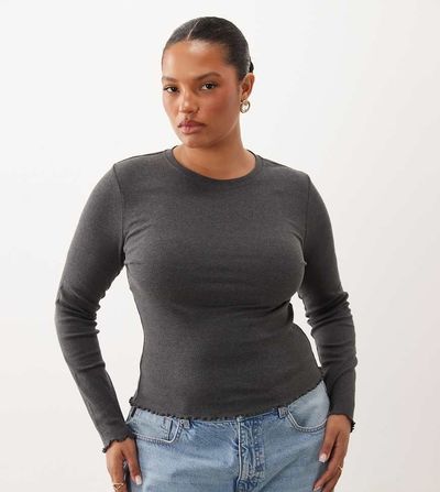 Brave Soul Plus Brave Soul Curve long sleeve ribbed top with lettuce-edge hem in heathered charcoal-Gray