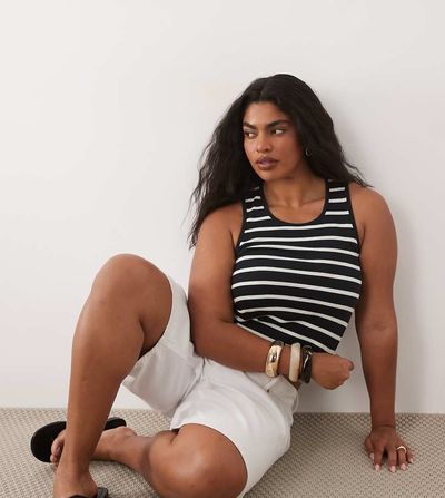 Brave Soul Plus Brave Soul Curve scoop neck tank top in black and cream stripe