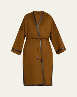 Brioni Leather-Trim Cashmere Oversized Wrap Coat