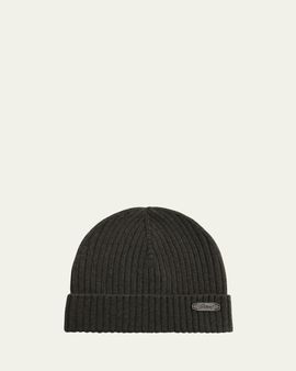Brioni Men's Cashmere Rib Leather-Label Beanie Hat