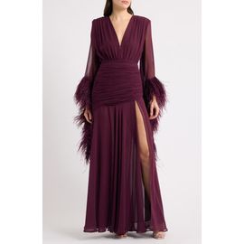 BRONX BANCO BRONX BANCO Feather Detail Long Sleeve Ruched Gown