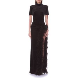 BRONX BANCO BRONX BANCO Feather Trim Velvet Maxi Dress