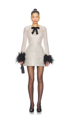 Bronx Banco Bronx Banco Long Sleeve Embellished Mini Dress With Feather Cuffs