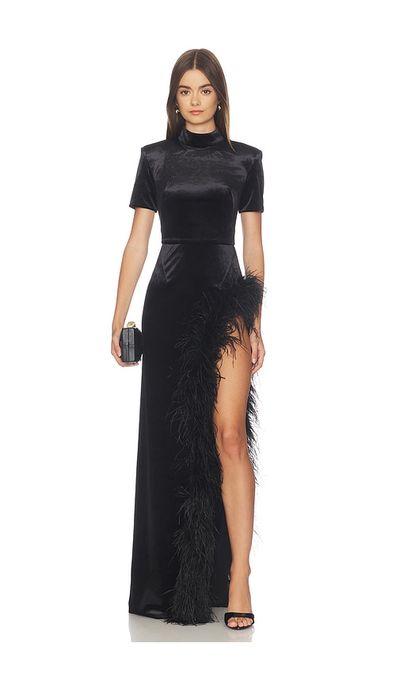 Bronx Banco Bronx Banco Short Sleeve Velvet Maxi Dress With Feather Trim