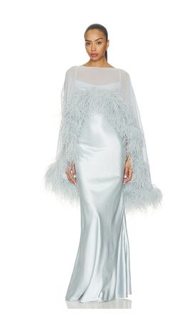 Bronx Banco Bronx Banco Silky Maxi Dress and Chiffon Cape with Feather Trim