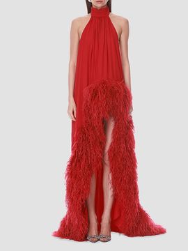 Bronx Banco Bronx Banco Women's Halter Neck Feather-Hem Chiffon Gown