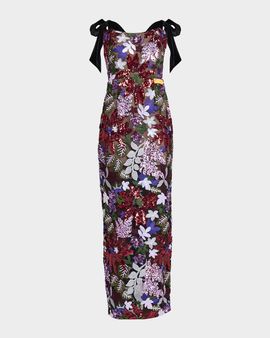 Bronx Banco Dahlia Sequin Embroidered Tie-Shoulder Maxi Dress