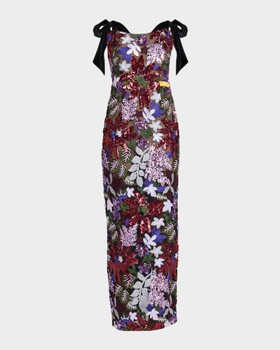 Bronx Banco Dahlia Sequin Embroidered Tie-Shoulder Maxi Dress