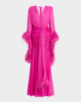 Bronx Banco Geisha Feather-Trim Chiffon Gown
