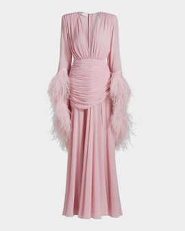 Bronx Banco Geisha Plunging Feather-Trim Gown