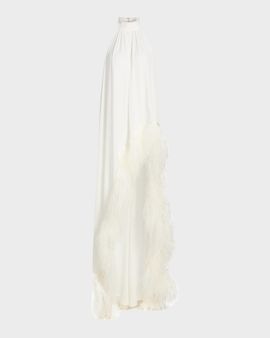 Bronx Banco Madeline Feather-Trim Halterneck Gown
