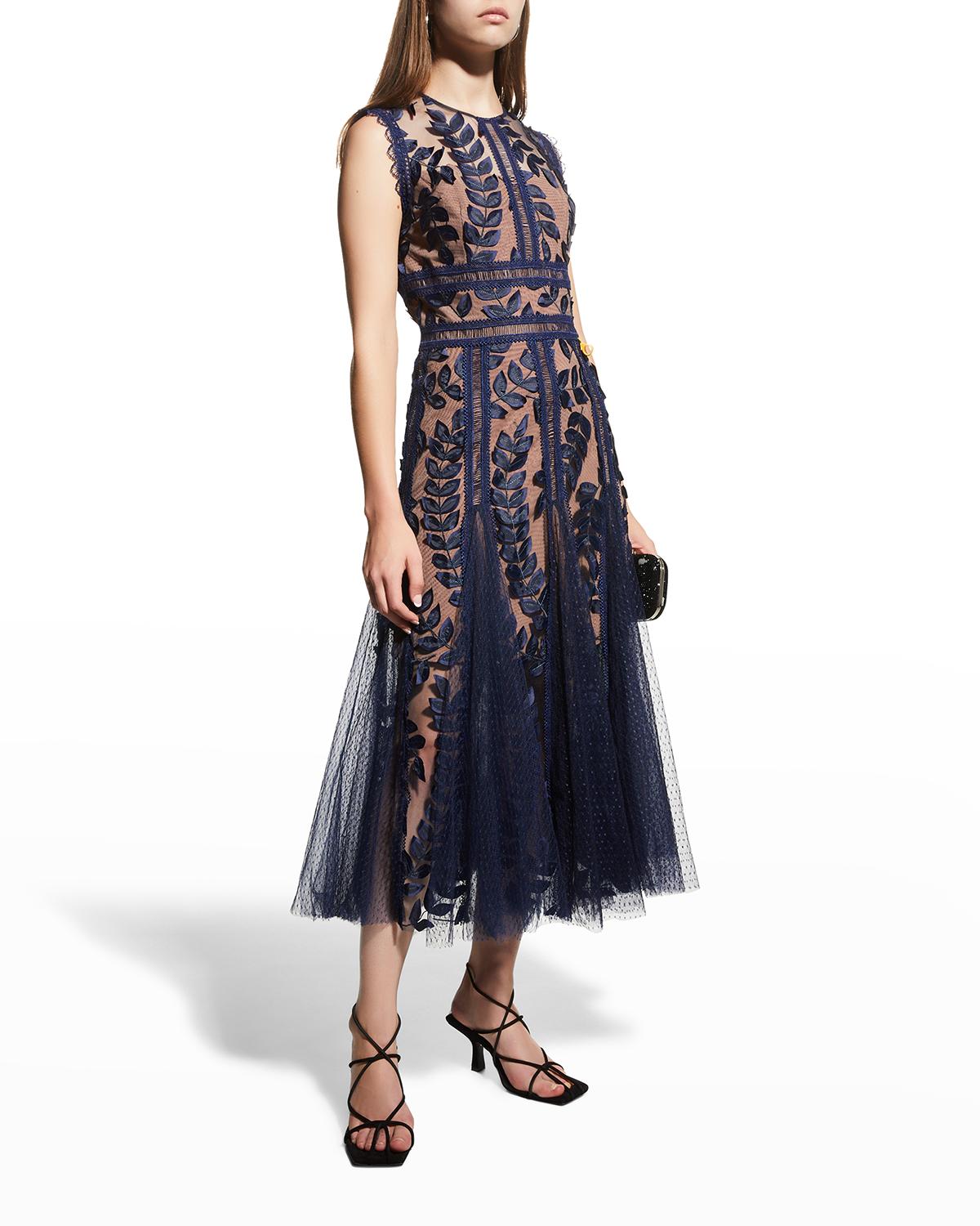 Bronx Banco Saba Leaf-Appliqué Lace Midi Dress