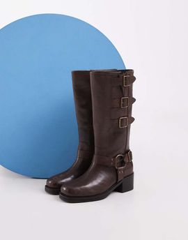 Bronx Bronx Ky-ley pull on knee boots with harness detailing in vintage coffee bean leather-Brown