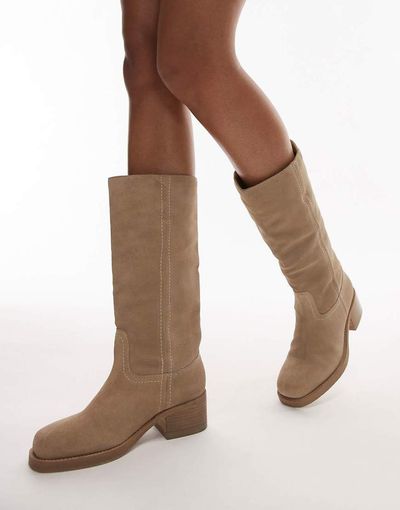 Bronx Bronx Ky-ley western knee boots in oatmilk washed suede-White