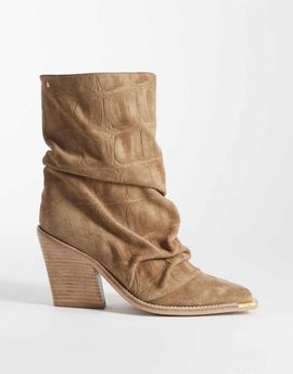 Bronx Bronx New Kole slouchy heeled cowboy boots in croc-embossed natural suede-Neutral