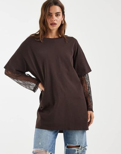 BRONZE SNAKE Bronze Snake Amanda lace sleeved tee in dark chocolate-Brown