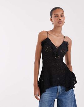 BRONZE SNAKE Bronze Snake boho lace asymmetric hem cami top in black