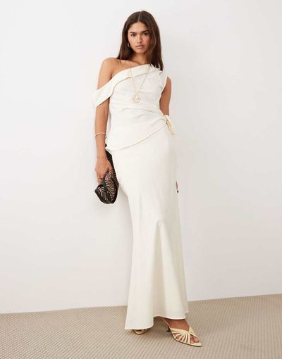 BRONZE SNAKE BRONZE SNAKE Kallie off the shoulder asymmetric top and maxi skirt set in ivory-White