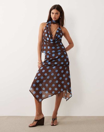 BRONZE SNAKE BRONZE SNAKE Lottie cowl neck scarf detail top and skirt set in chocolate blue polka dot-Brown