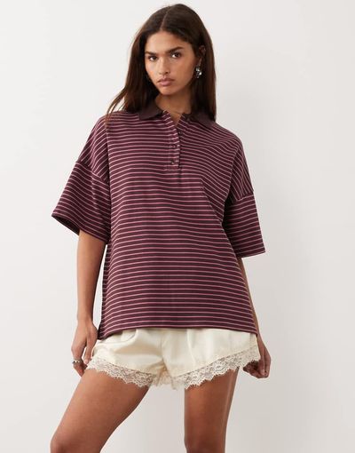 BRONZE SNAKE BRONZE SNAKE Nelly striped polo top in berry-Red