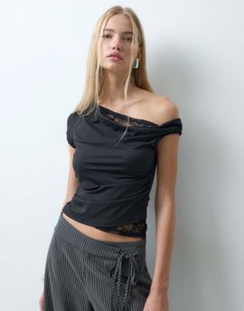 BRONZE SNAKE Bronze Snake off shoulder cupro top with lace edging in black