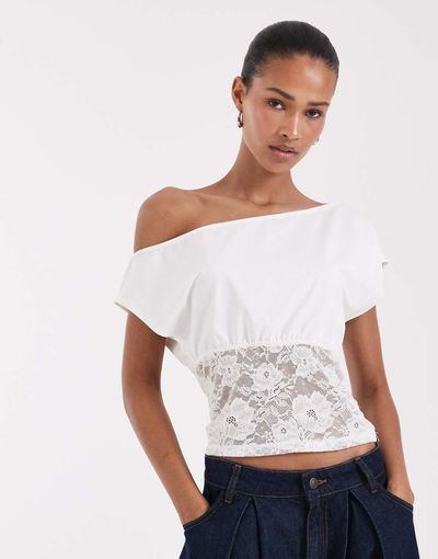 BRONZE SNAKE BRONZE SNAKE off the shoulder top with lace panel in white