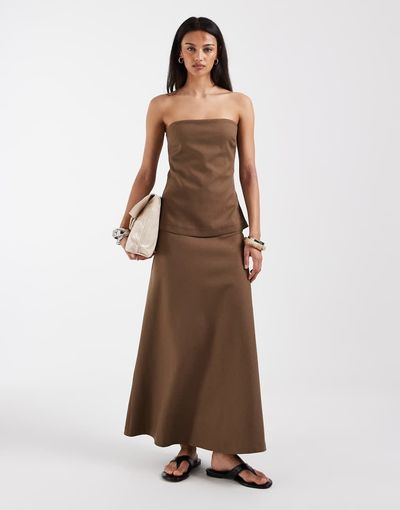 BRONZE SNAKE Bronze Snake Riley off shoulder maxi dress in dark chocolate-Brown